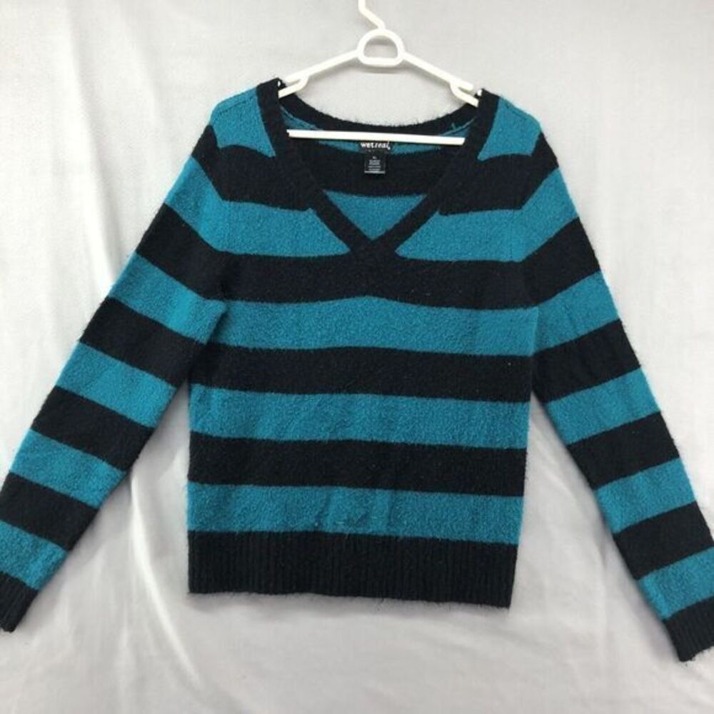 Wet Seal Striped Long Sleeve Sweater Halloween Kurt 80s Kruger punk v neck